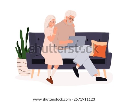 Older lovers surfing internet, search for information on a laptop sitting on the sofa. Senior aged man and woman resting. Vector illustration isolated on white background