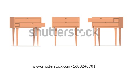 Open and closet wooden drawer on white background, design in flat cartoon style.