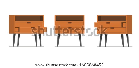 Open and closet wooden drawer on white background, design in flat cartoon style.