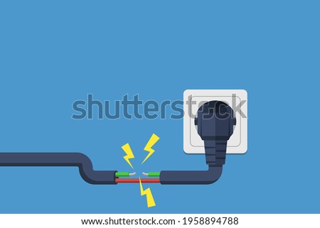 electric short circuit.  Faulty damaged cable. Fire from overload. Electrical safety concept. Vector illustration flat design. Short circuit electrical circuit. Broken electrical connection.