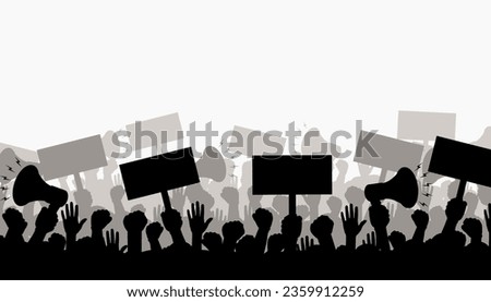 Silhouette of protesting crowd of people with raised hands and banners.
