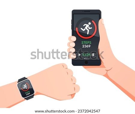 Using a smartwatch. Smartwatch dan smartphone tracking app on the screen