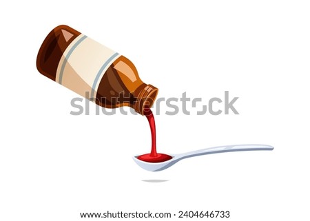 Bottle pouring medicine syrup in spoon vector isolated on white background.