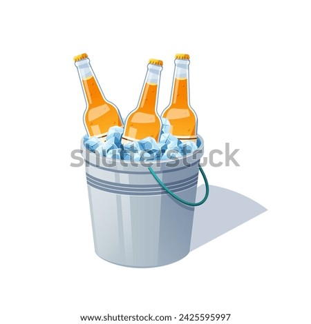 Beer bottles in a metal bucket with ice cubes vector isolated.