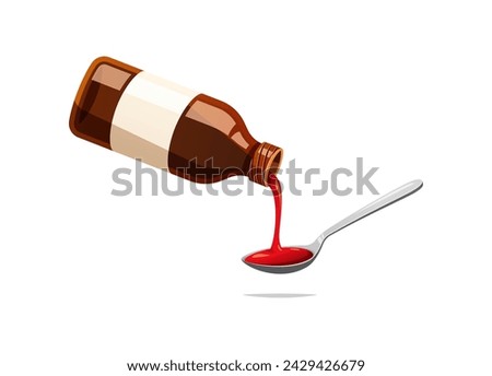 Bottle pouring medicine syrup in spoon vector isolated on white background.