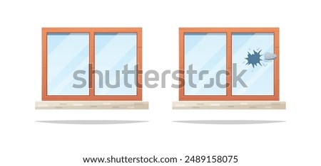 Window with broken glass vector isolated on white background.