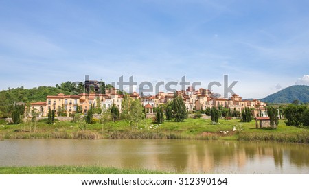 Panoramic view Italy building on mountain with river