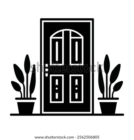 This is a digital graphic resource featuring a silhouette of a house entrance, including the front door. It's available as a clip art or cut file for instant download and is licensed for commercial us