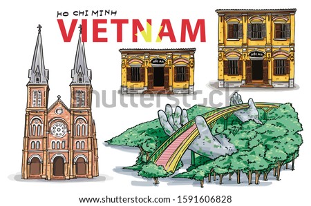 Hand Drawing. Vietnam Landmarks set, The Golden Bridge is lifted by two giant hands, Hoi an Ancient town houses, Saigon Notre-Dame Cathedral Basilica