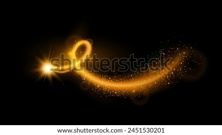 Realistic magic wand orange light swirl effects isolated on black background.