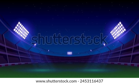 Cricket Night Stadium With Stadium Lights. Cricket Tournament Stadium Vector Background. 