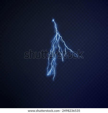 Thunder lightning on dark background. Lightning Thunderstorm Set. Thunderbolt spark. Bright glow and sparkle effect. Realistic transparent lightning. Vector illustration eps10.