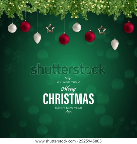 Merry Christmas, Happy New Year with christmas tree and balls. Realistic 3d elegant style. Winter Christmas background. Vector illustration
