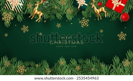 Christmas greetings vector background design. Christmas greeting text with pine tree, candy cane and gift boxes ornaments and decoration elements in red elegant background.
