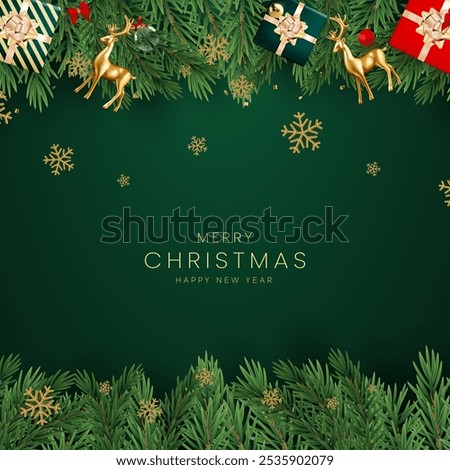 Christmas greetings vector background design. Christmas greeting text with pine tree, candy cane and gift boxes ornaments and decoration elements in red elegant background.
