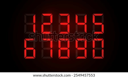 LCD LED digit set for the counter, clock, calculator mockup in flat style design. Zero to Nine Cyan digital electronic clock numbers set isolated on black background. EPS 10.
