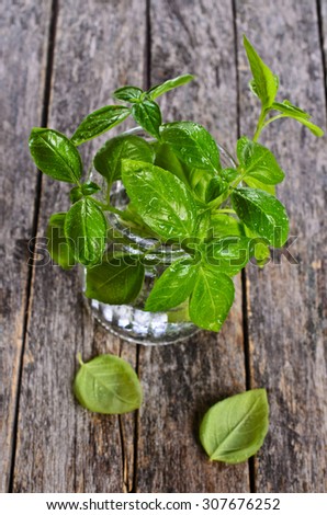 Fresh basil with water drops in a glass container on a wooden surface