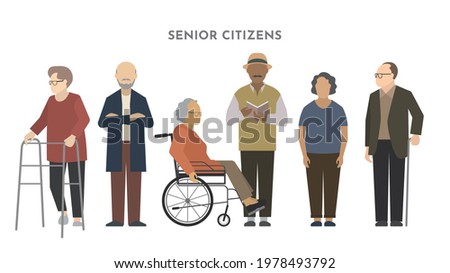 Group of Senior people in different action collection. Senior citizens icons. Vector illustration of flat design people characters
