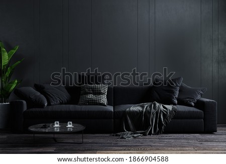 Stylish dark living room interior background, black wall, Scandinavian style, 3D illustration. Living room mockup. 3d rendering ストックフォト © 