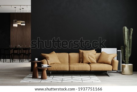 Living room interior in loft, industrial style, 3d rendering