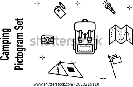 Black and white vector hand drawn set of camping-hiking in the nature themed illustrations. Ideal for web design, graphic design, logo, print, stickers, print, scrap booking, journaling and more.