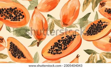 Watercolour Tropical Papaya design Seamless Pattern on white background. Hand Drawing repeat Pear Fruit , full and cut, green branch leaves. Vector Illustration 商業照片 © 