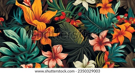 Vintage Flowers and leaves. Vector illustrations of fern, bird of paradise, black panther, palm leaf and tropical plants. Modern seamless pattern. Fashionable template for design