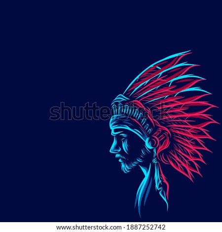 Apache indian warrior hero Line. Pop Art logo. Colorful design with dark background. Abstract vector illustration. Isolated black background for t-shirt, poster, clothing, merch, apparel, badge design