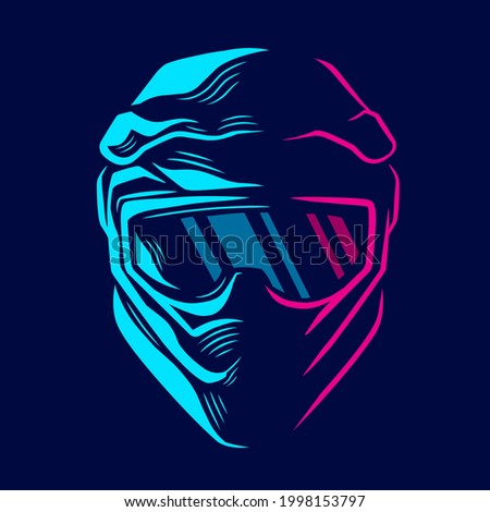 Motocross helmet trail fullface adventure line pop art potrait logo colorful design with dark background. Abstract vector illustration.Isolated black background for t-shirt, poster, clothing, merch