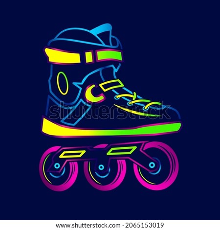 Rolling skate neon art logo. Inline skater colorful design with dark background. Sport shoes vector illustration. Isolated black background for t-shirt, poster, clothing, merch, apparel. 