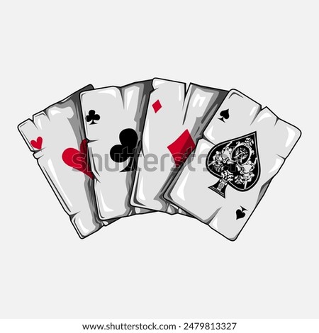 Poker card and playing in casino logo. Colorful design with dark background. Abstract game vector illustration. Isolated black background for t-shirt, poster, clothing, merch, apparel. 