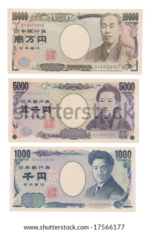 face of the japanese yen. ten thousand yen, five thousand yen, one thousand yen.