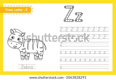 Trace letter Z uppercase and lowercase. Alphabet tracing practice preschool worksheet for kids learning English with cute cartoon animal. Coloring book for Pre K, kindergarten. Vector illustration Stock fotó © 