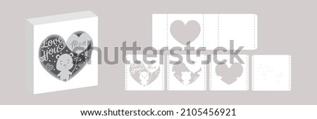 Valentine's day paper carve tunnel card bear with balloon. 3D popup layers card. Modern origami design template. 3d paper lightbox template. Vector stock illustration.