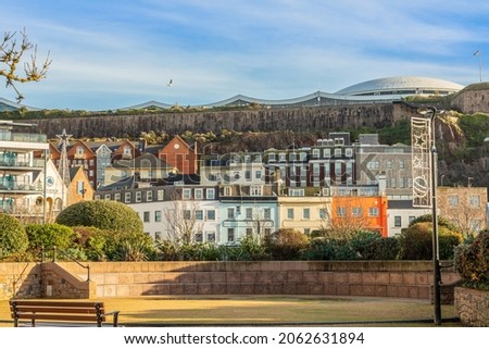 Saint Helier central square with fort Regent int the background, bailiwick of Jersey, Channel Islands Imagine de stoc © 