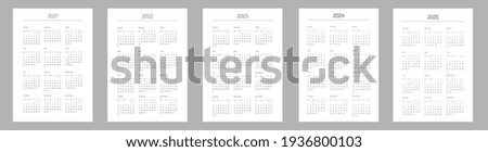 A5 format. Organizer and bullet journal printable pages. Perfect minimalist calendar. 2021, 2022, 2023, 2024, 2025. Week starts at Monday. European English Gregorian calendar. Planner. Vector.