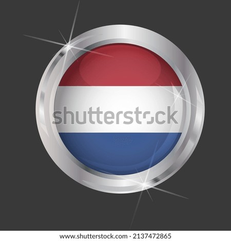 Flag of Bonaire, Sint Eustatius and Saba in circle. 3D effect. Glossy and shiny button with metal frame and sparkles. Light reflection. Round Graphic design element. Vector EPS10