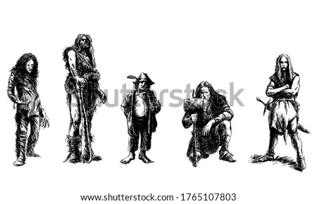 set of fantasy characters - black and white vector illustration