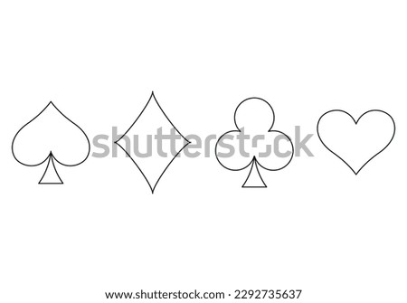 Playing card suit outline symbol set - four shapes of Hearts, Spades, Clubs and Diamonds symbols, vector illustration isolated on white background