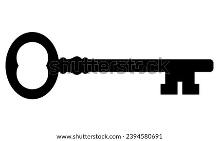 key silhouette, black and white vector illustration of old vintage antique key, white background