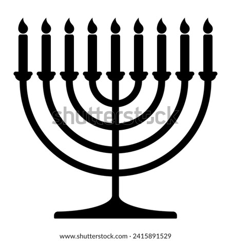 Hanukkah menorah, black and white vector silhouette illustration of hanukkiah nine-branched candelabrum with candles shape, isolated on white background