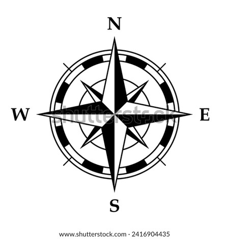 Compass rose symbol, black and white vector illustration of four cardinal directions, white background