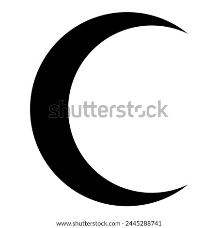 crescent moon shape symbol, black and white silhouette vector illustration of simple lunar phase isolated on white background
