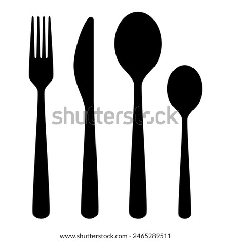 cutlery - fork, knife, spoon, teaspoon silhouette shape, set of black and white vector illustration, white background