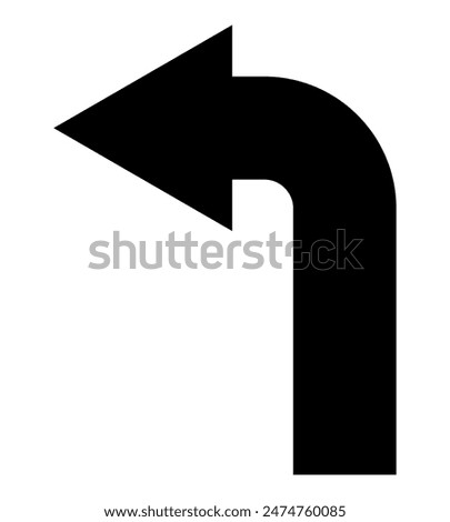 arrow pointing to the left, black and white vector silhouette illustration of curved arrow shape symbol, isolated on white background