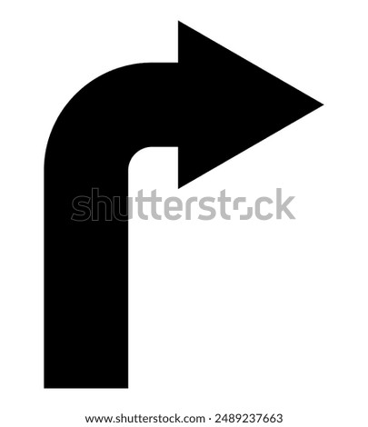 arrow pointing to the right, black and white vector silhouette illustration of curved arrow shape symbol, isolated on white background