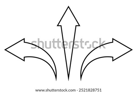 arrow shape symbol set - pointed arrow pointing to the left, right and straight forward, black and white vector silhouette illustration, isolated on white background