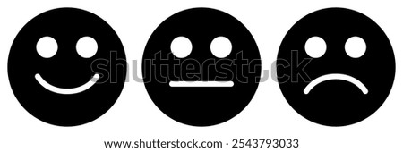 emoticon icon set, three emoji - happy, sad and neutral, symbol of smiley face, black and white vector illustration isolated on white background