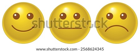 emoticon icon set, three emoji - happy, sad and neutral, symbol of smiley face, color vector illustration isolated on white background