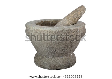 Isolated scene of aged mortar and pestle with white background